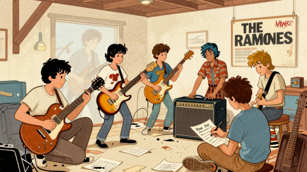 Illustration of teens starting DIY punk bands inspired by Ramones