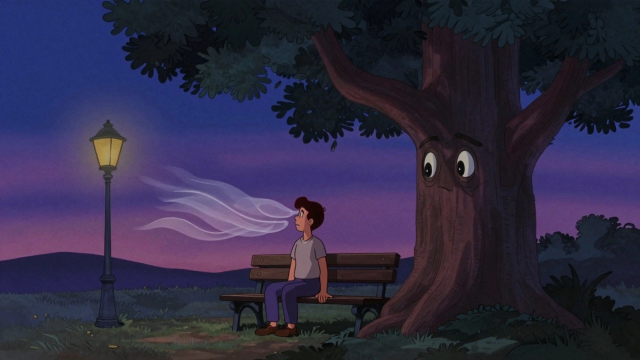 Illustration of tree and wind personified as characters comforting a singer