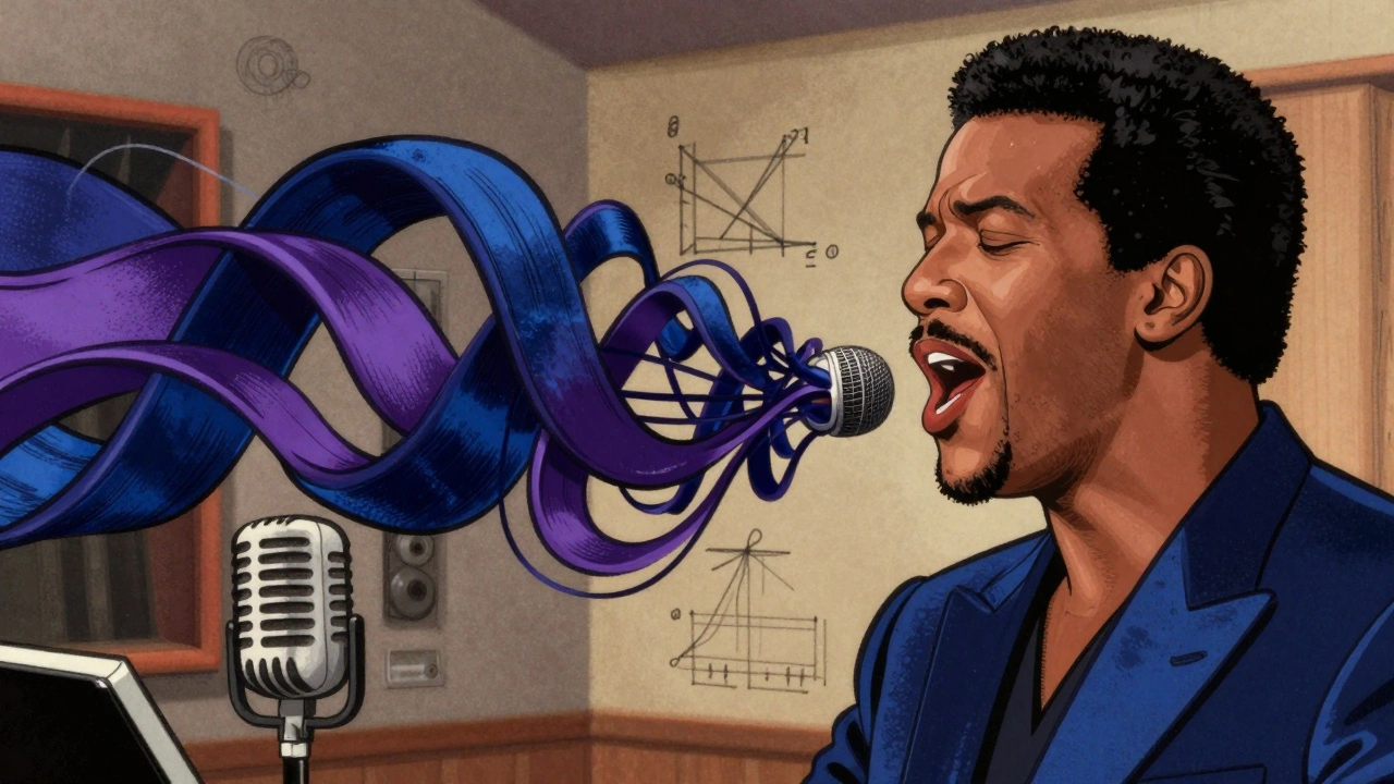 Illustration of Vandross's voice as flowing silk ribbons forming precise musical patterns.