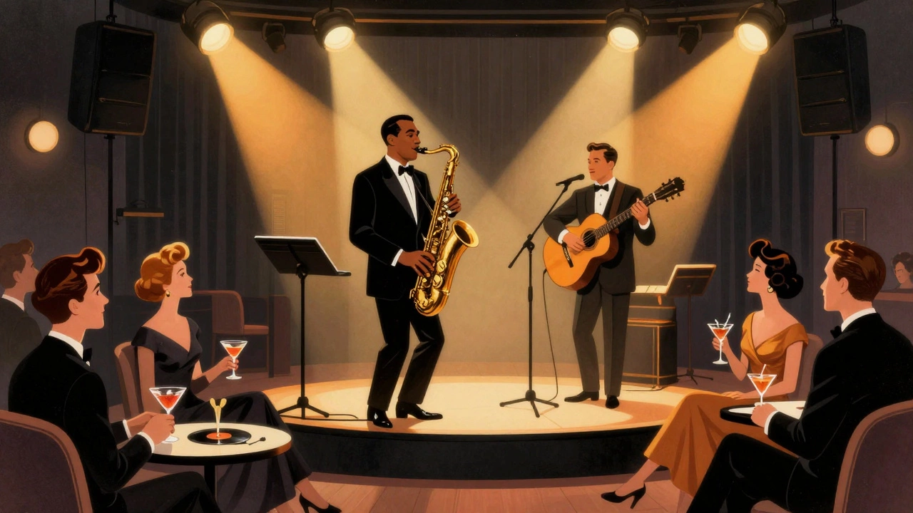 Jazz club performance of bossa nova with sax and guitar