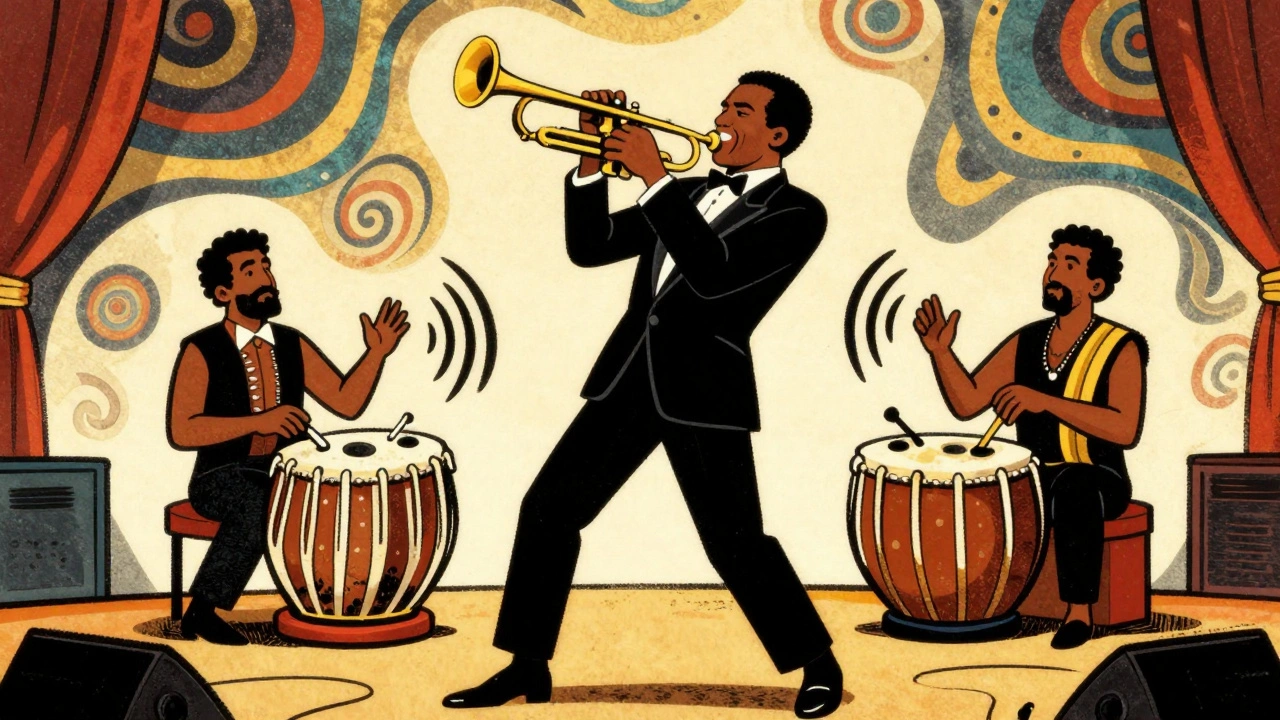 Jazz trumpeter and tabla player fusing styles on stage in a retro 1960s cartoon illustration.