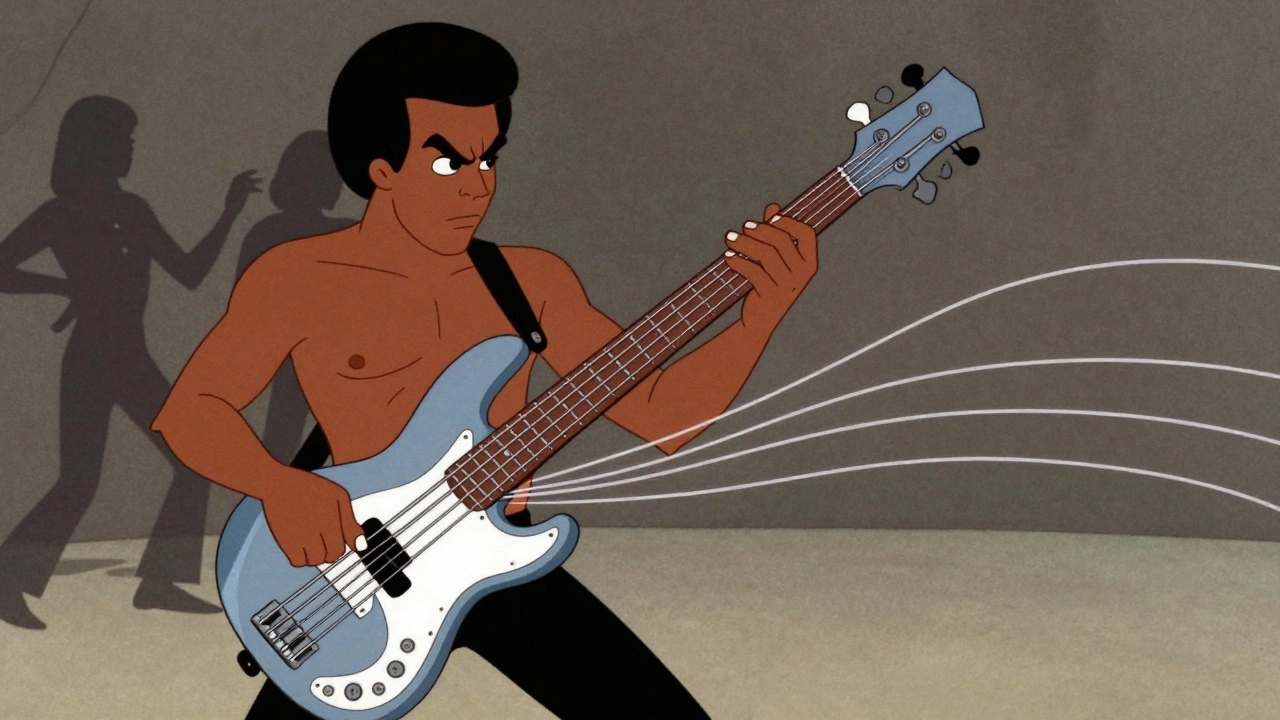 Larry Graham slapping bass guitar in a 1970s animated illustration.