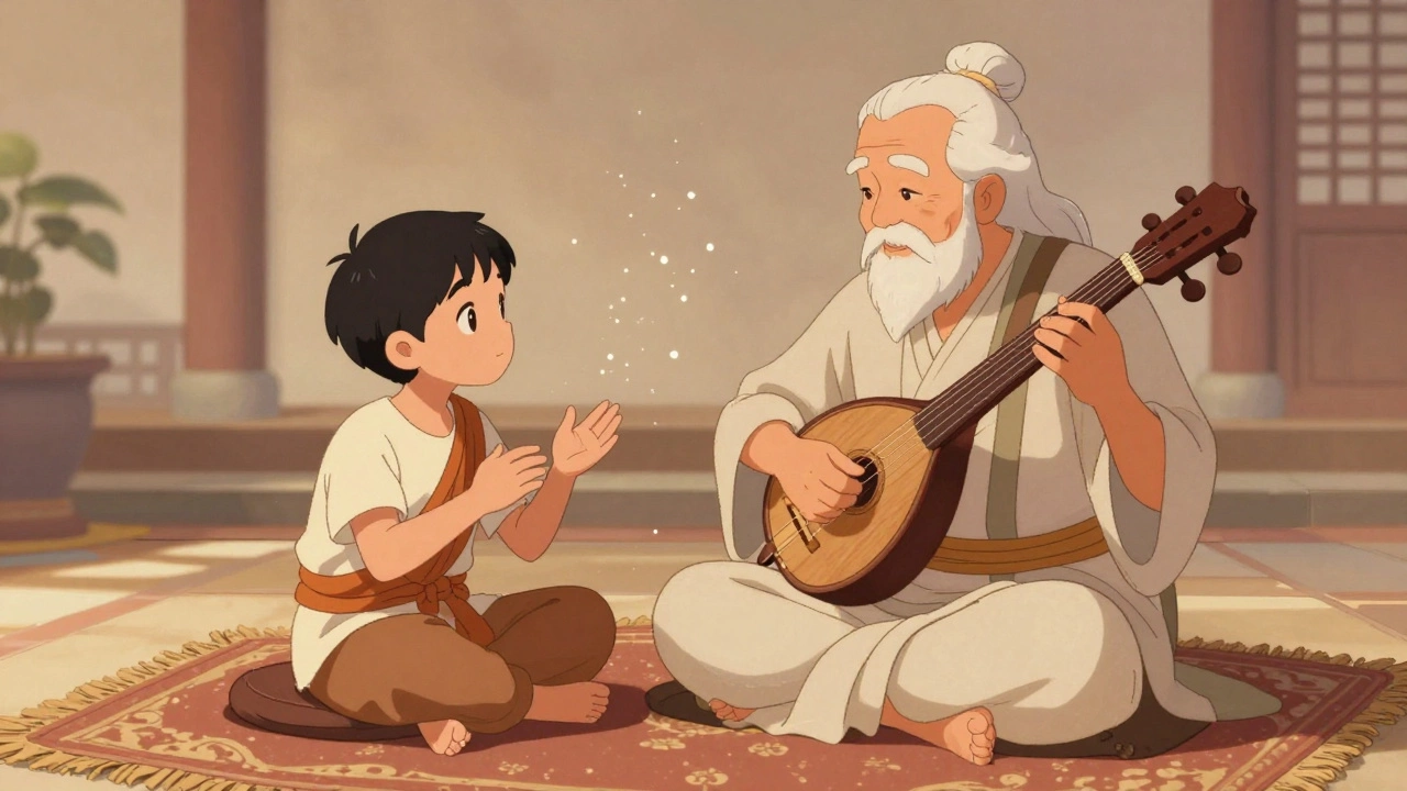 Master musician teaching a student traditional techniques in a serene vintage cartoon scene.