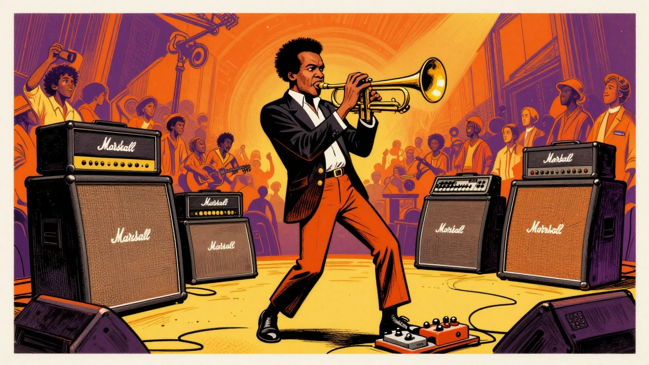 Miles Davis playing electric trumpet amidst huge amps in a crowded arena