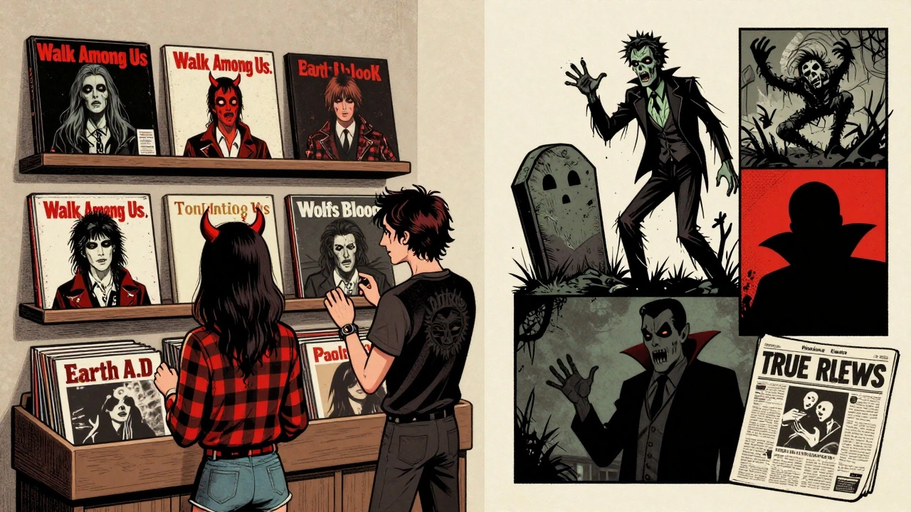 Misfits album covers and cinematic horror references in a retro comic style
