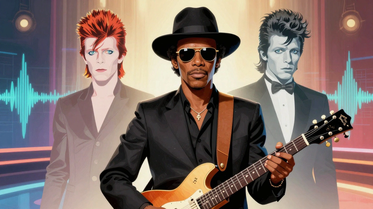 Nile Rodgers with silhouettes of famous artists behind him, symbolizing his lasting musical influence.