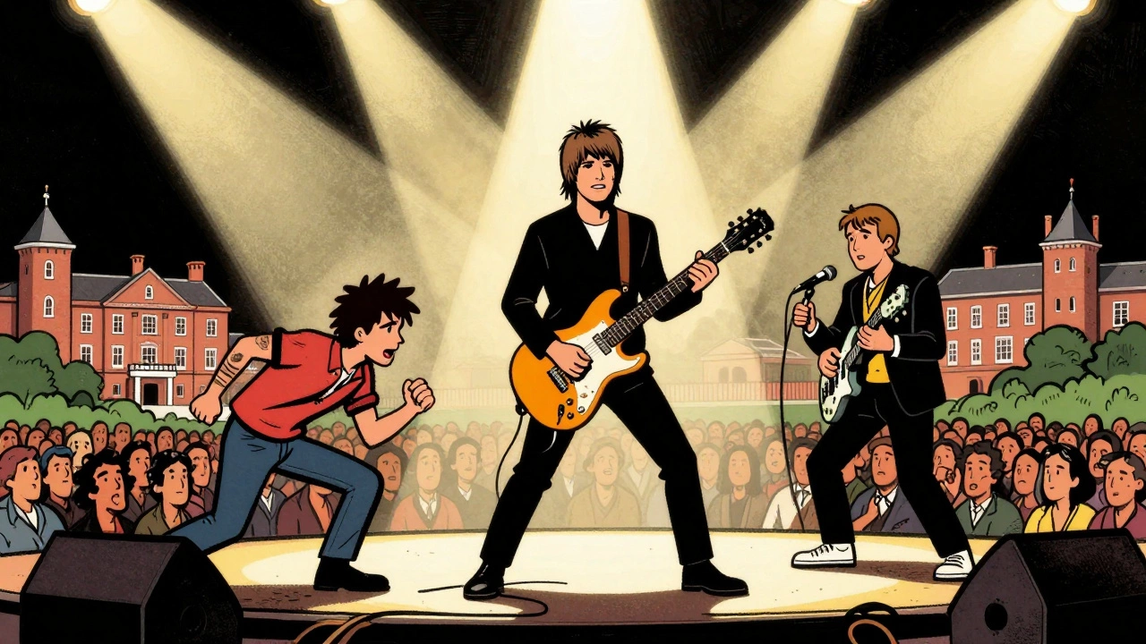 Oasis band members performing on stage with guest musician