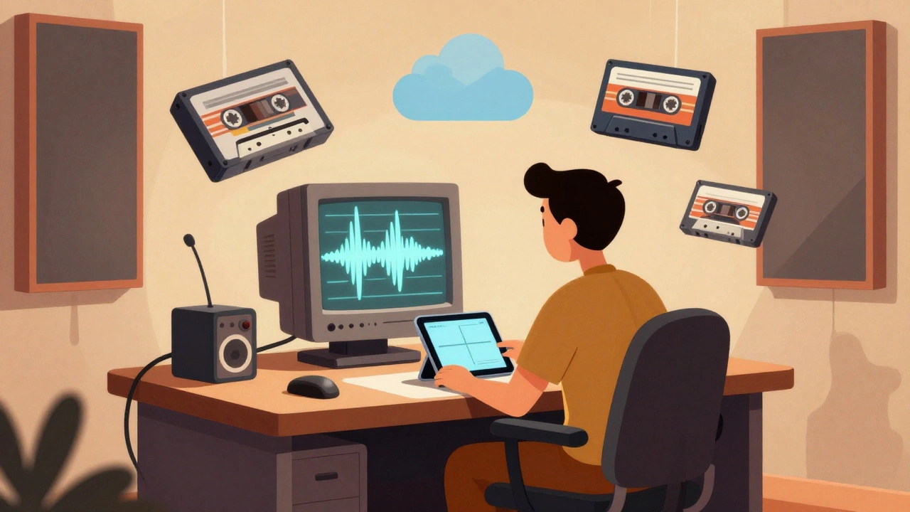 Producer blending vintage 80s gear with modern tech in a retro-futuristic studio