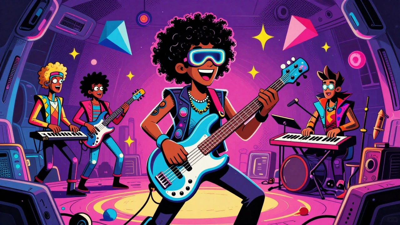Psychedelic vintage cartoon of a funk bassist performing on a spaceship stage