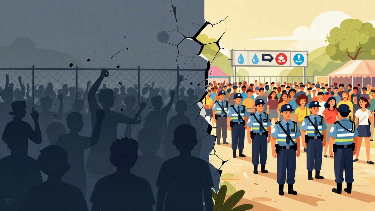 Retro cartoon contrasting festival chaos with modern professional security planning.