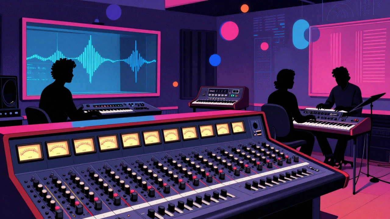Retro cartoon illustration of an 80s recording studio with synthesizers