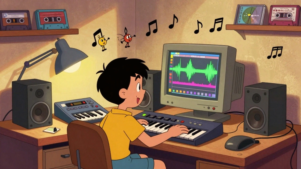 Retro cartoon of 90s bedroom studio with MIDI gear and synth