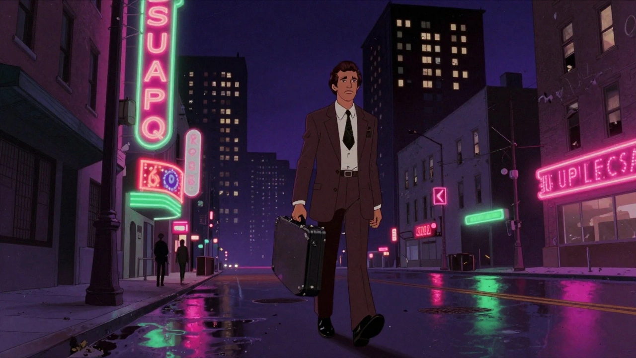 Retro cartoon of a man walking through a neon-lit 1970s city street.