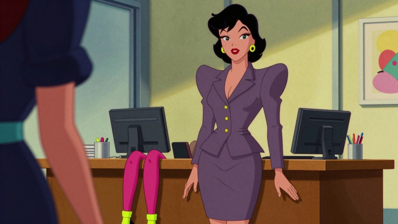 Retro cartoon of a woman in a blazer with large shoulder pads