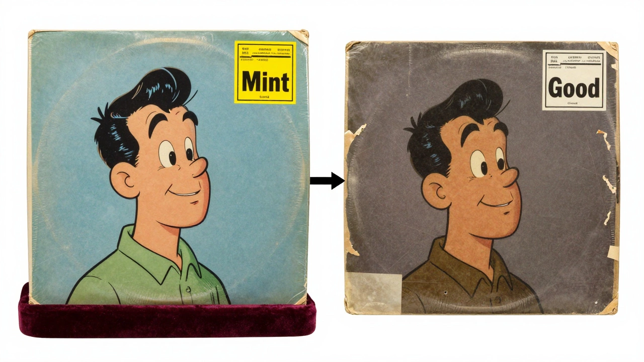 Retro illustration comparing mint vs damaged album covers to show grading value.