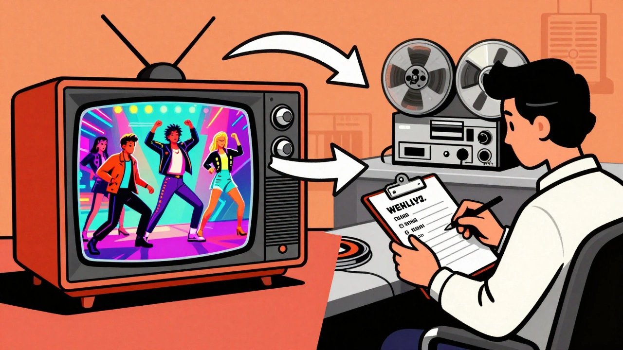 Retro illustration linking MTV videos to radio airplay and sales