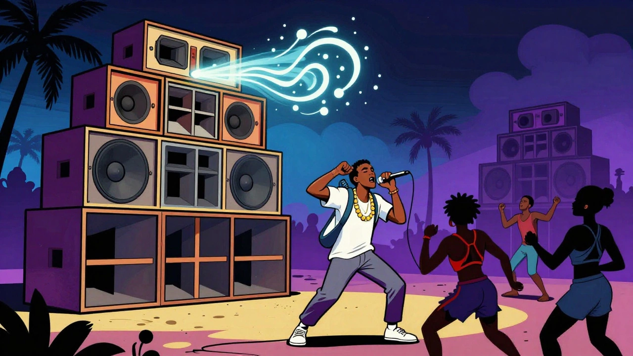Retro illustration of a 1980s sound system clash with a deejay toasting over speakers.