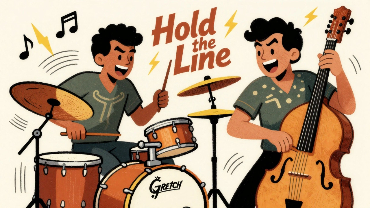 Retro illustration of a drummer and bassist playing funky rock rhythms energetically.