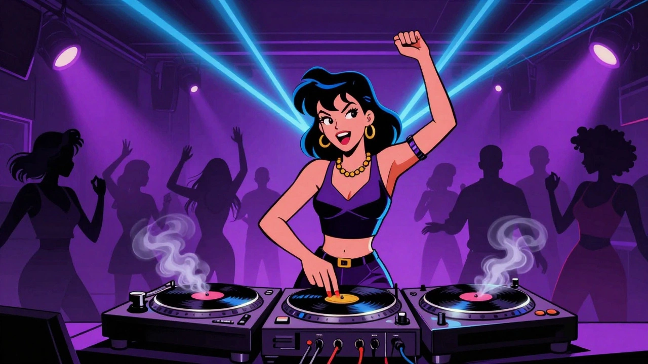 Retro illustration of a female DJ performing in a neon club