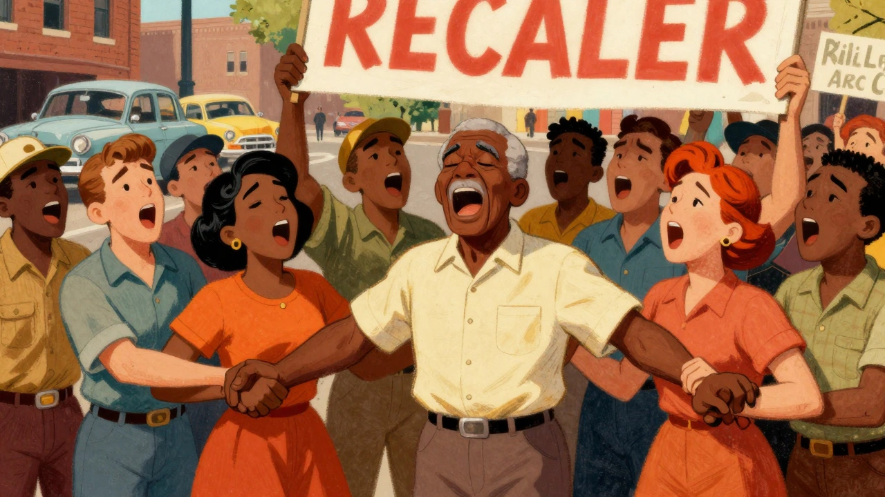 Retro illustration of diverse protesters singing together in solidarity during a march.