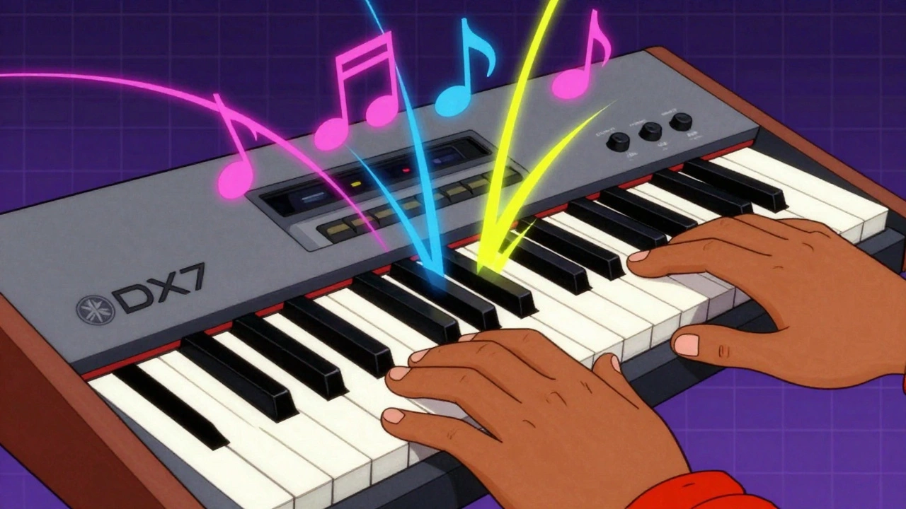 Retro illustration of hands playing a Yamaha DX7 synth with neon notes