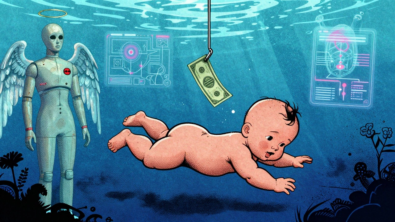 Retro illustration of surreal 90s album art symbols like baby and money