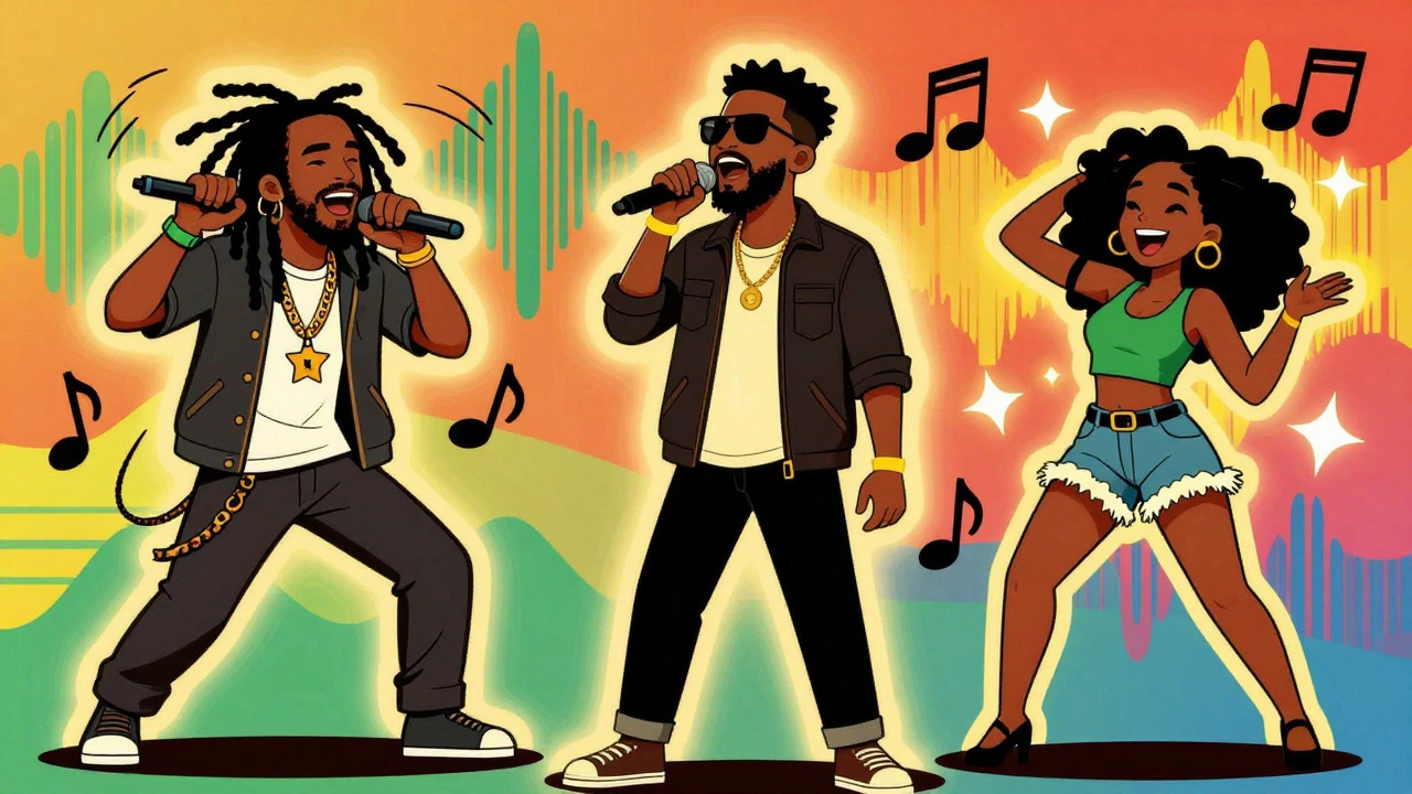 Retro illustration of three modern reggae artists performing distinct styles side by side.
