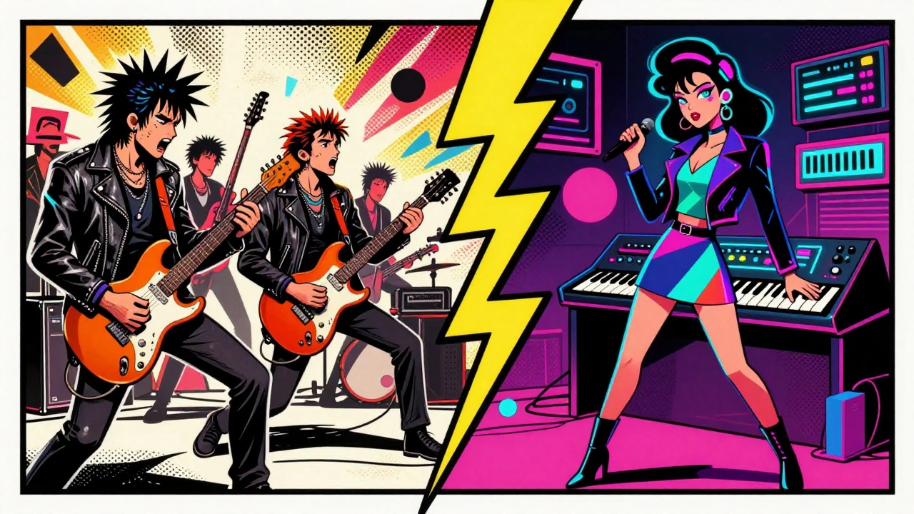Rock band and pop star performing together on a split stage in vintage cartoon style