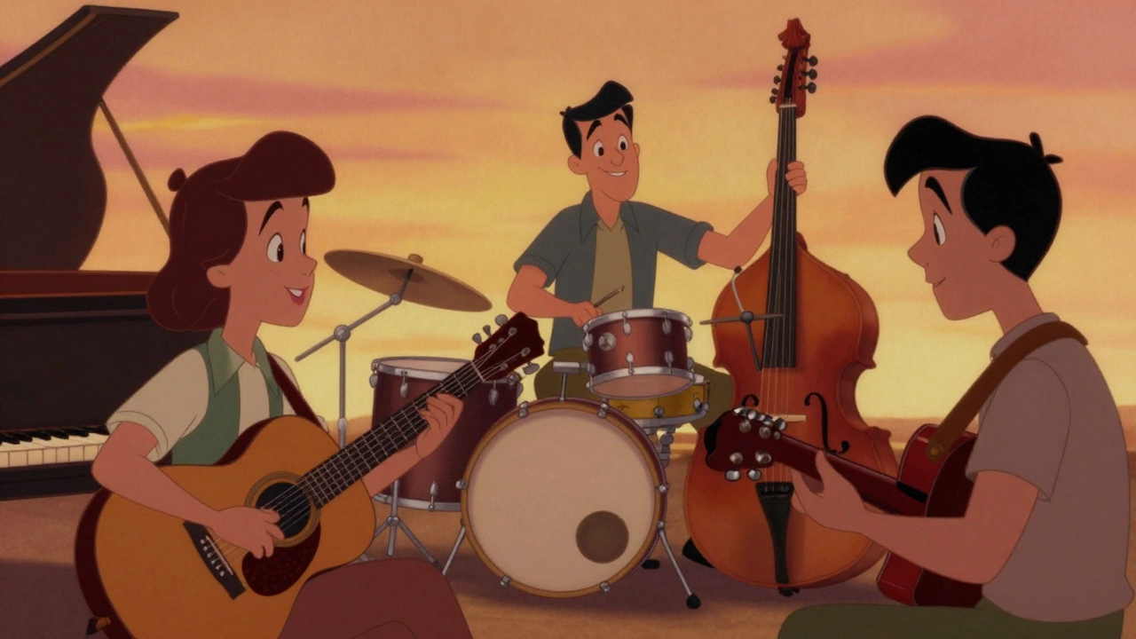 Soft rock band members gathered closely together on warmly lit stage