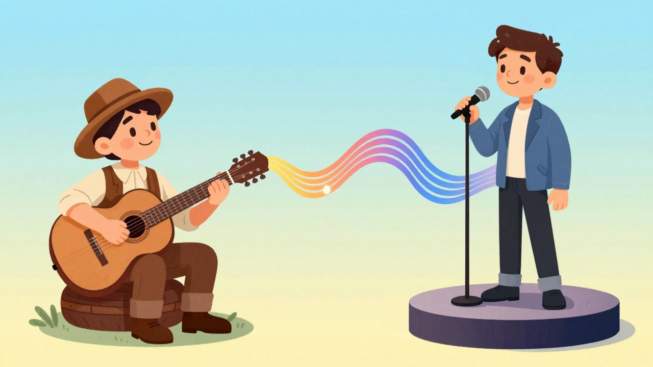 Split cartoon scene linking 60s folk singer to modern pop star via sound waves