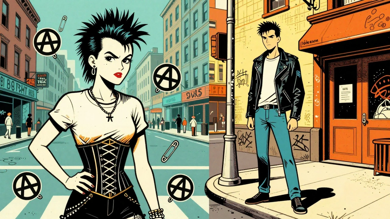 Split illustration comparing theatrical London punk and minimalist New York punk styles.