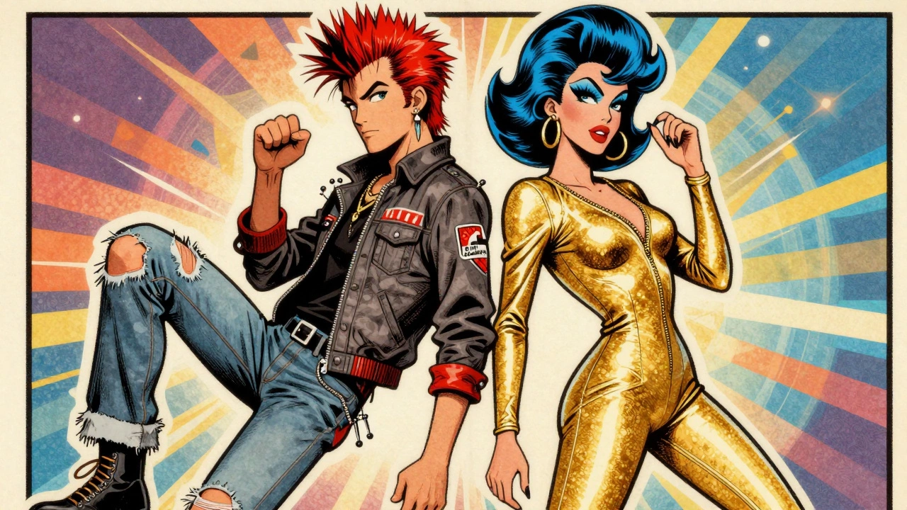 Split illustration of punk and disco fashion styles with geometric background