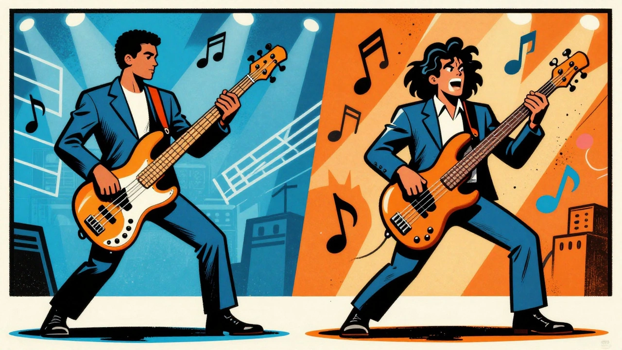 Split-panel cartoon contrasting two distinct 1970s bass playing styles on stage.