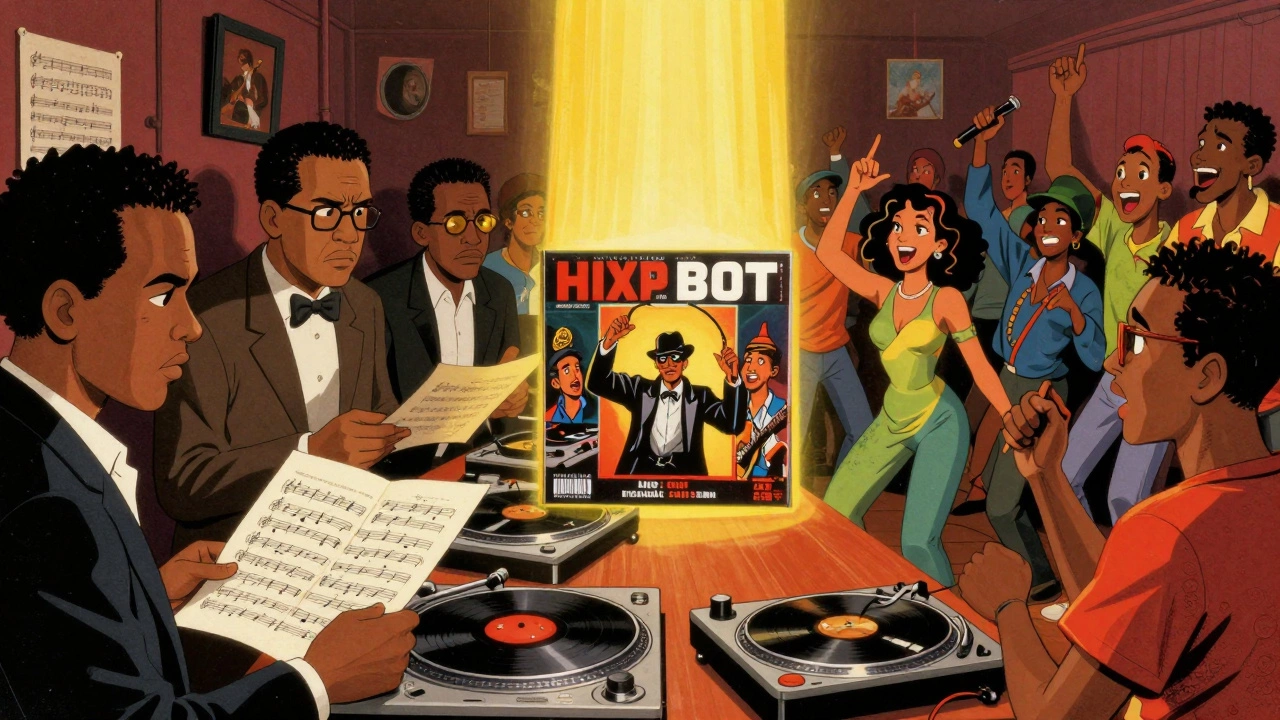 Split screen showing jazz critics vs dancing fans in retro illustration