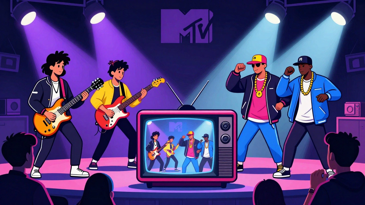 Split screen showing rock and rap bands performing on vintage TV sets.