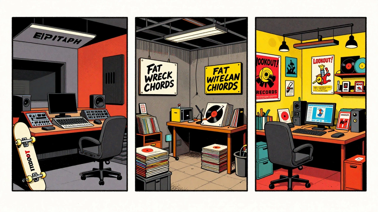 Split view of Epitaph, Fat Wreck, and Lookout! record label offices showing different styles.