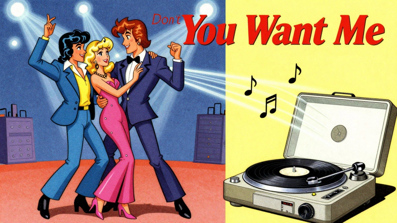 Stylized 1980s couple dancing as radio waves spread synth-pop music.