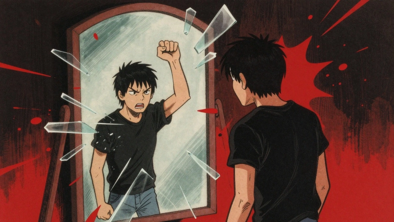 Stylized cartoon of a figure punching a mirror with glass shards.