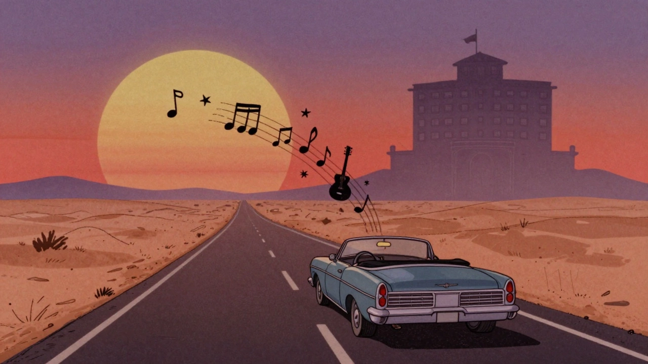 Surreal cartoon highway leading to a mysterious hotel with musical notes