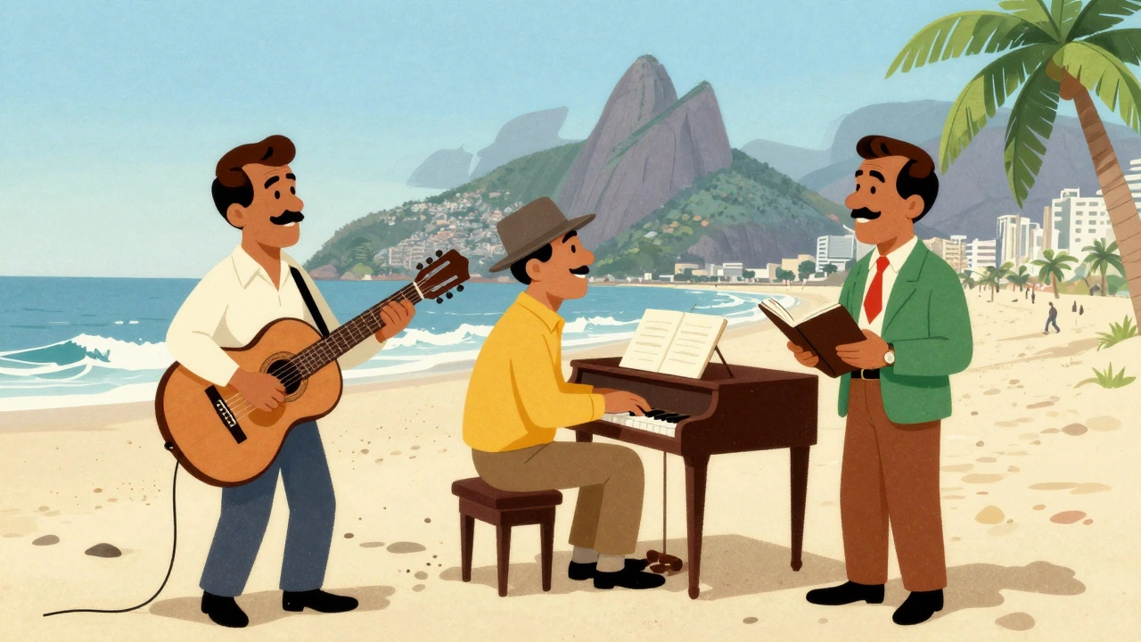 Three musicians creating bossa nova on a Rio beach