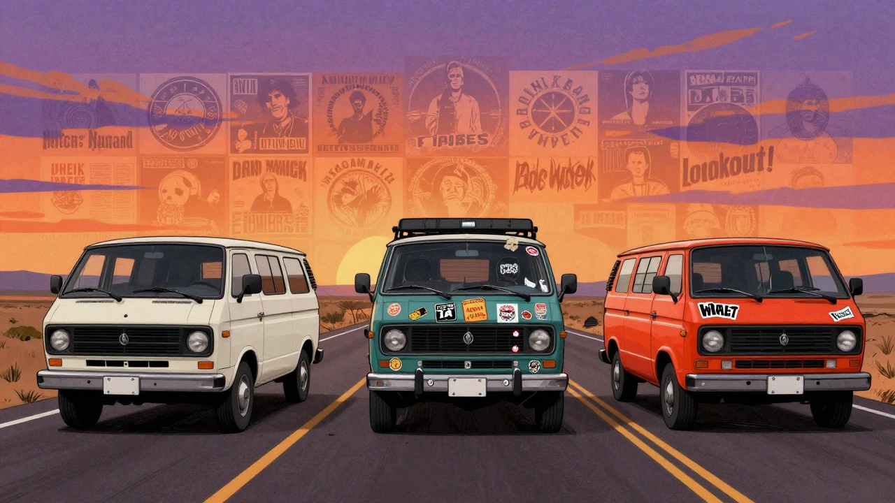 Three vans driving down a highway symbolizing the legacy of 90s punk record labels.