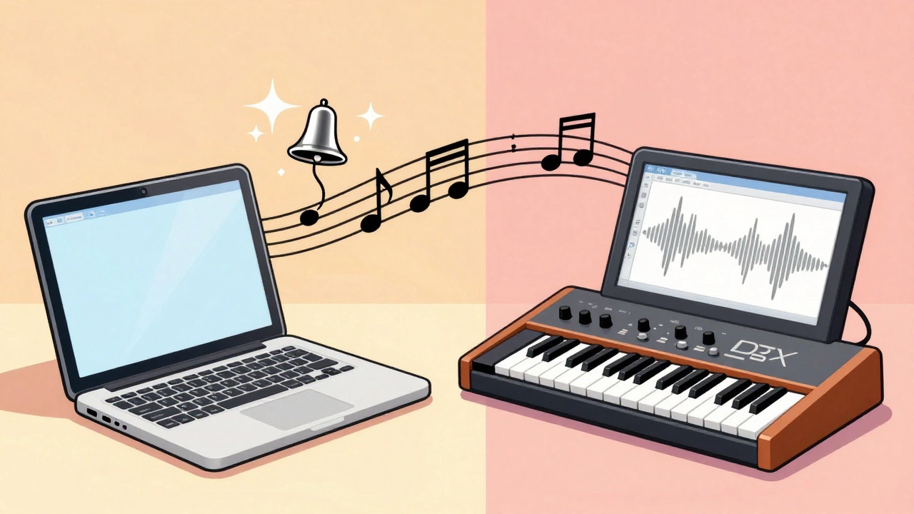 Vintage cartoon comparing a modern laptop and a classic Yamaha DX7 synthesizer