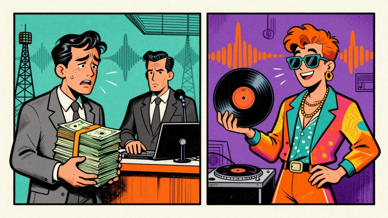 Vintage cartoon comparing expensive radio tours vs grassroots club promotion