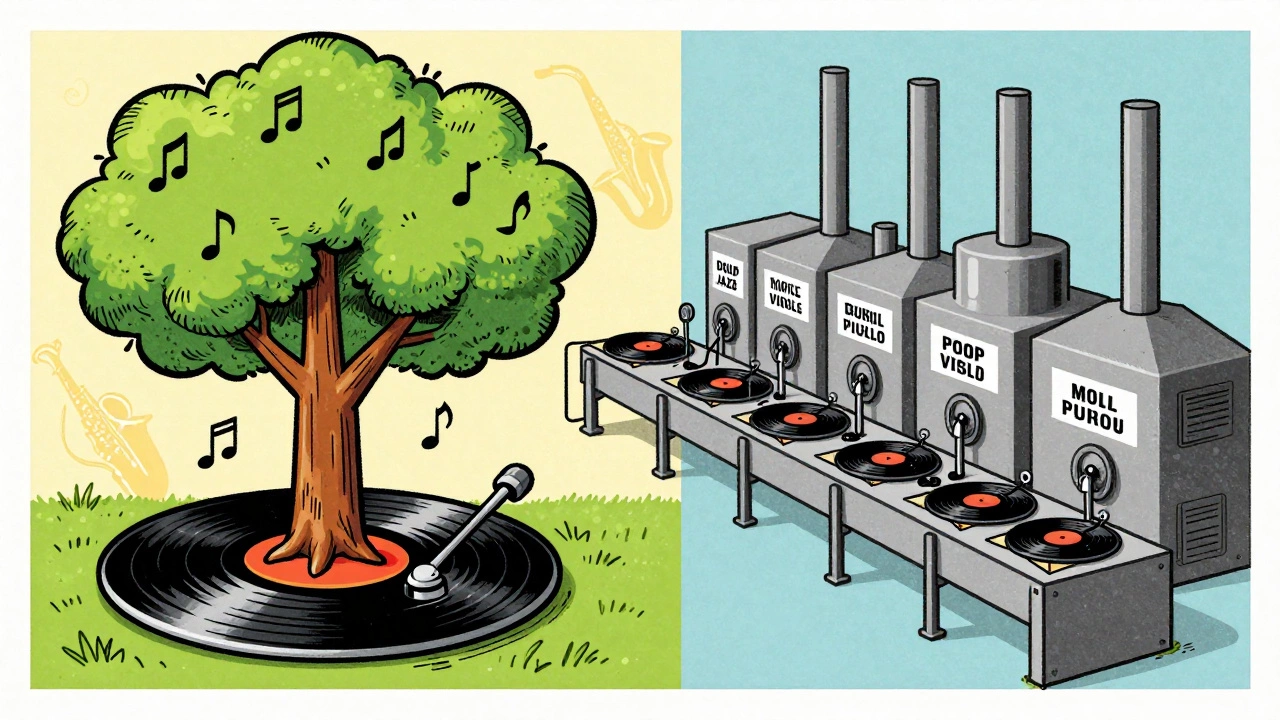 Vintage cartoon comparing indie label creativity with major label factories.