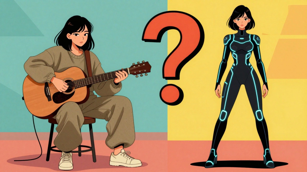 Vintage cartoon comparing two fashion styles: rustic acoustic vs futuristic LED outfit.