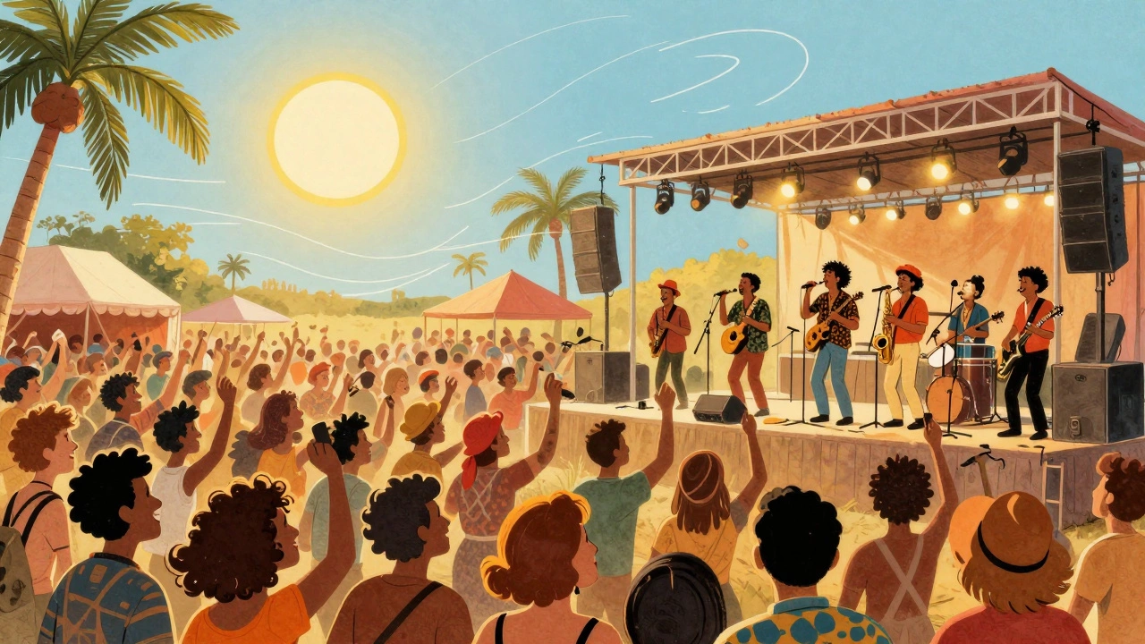 Vintage cartoon illustration of a large outdoor 1970s music festival crowd