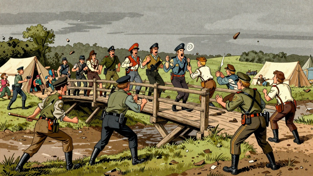 Vintage cartoon illustration of the clash at Glastonbury's Yeoman's Bridge in 1990.