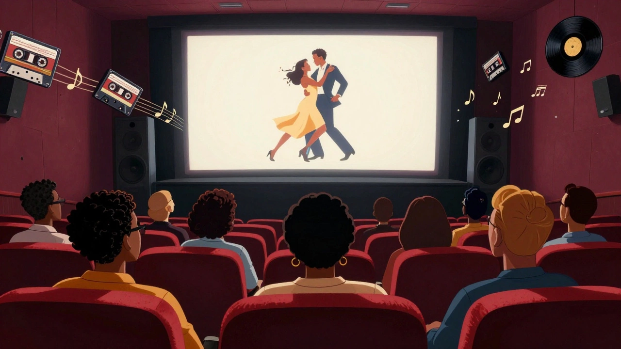 Vintage cartoon of 90s movie theater with music floating out