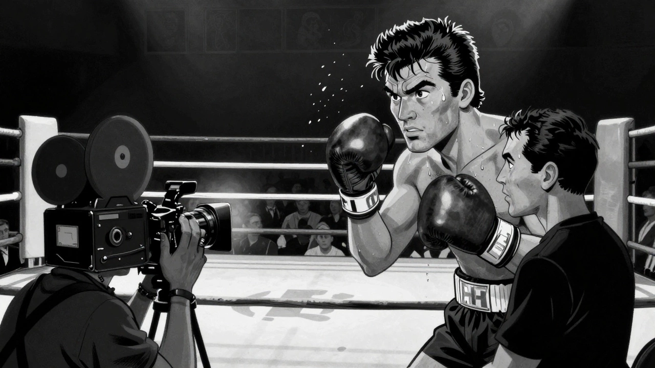 Vintage cartoon of a gritty B&amp;W boxing scene inspiring cinematic music video styles.