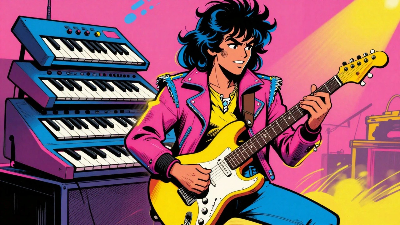 Vintage cartoon of a guitarist and synthesizers symbolizing 80s rock-pop fusion.